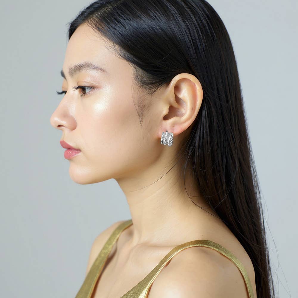 14K Gold Dipped Triple Rope Textured Hoop Earrings: Silver