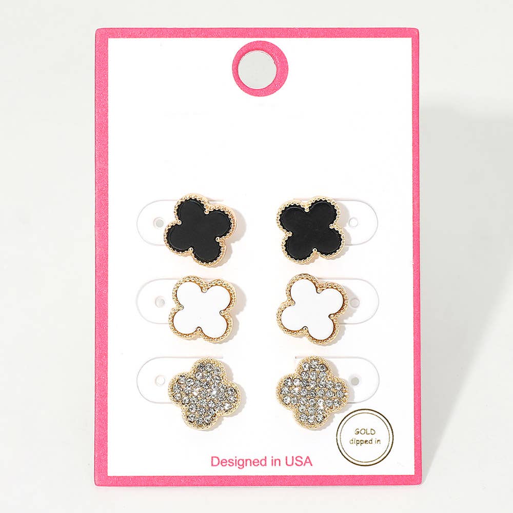 3Pairs - Gold Dipped Quatrefoil Stud Earring Set: Gold Pink