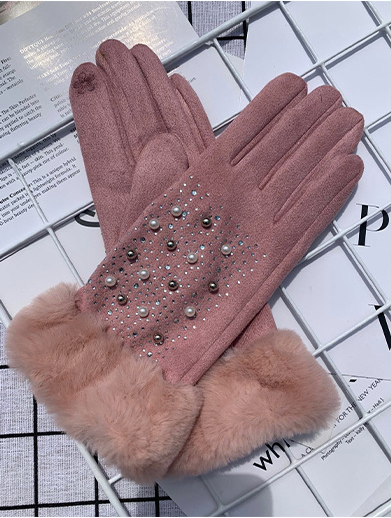 Pearl Rhinestone Suede Gloves GL0010: Red