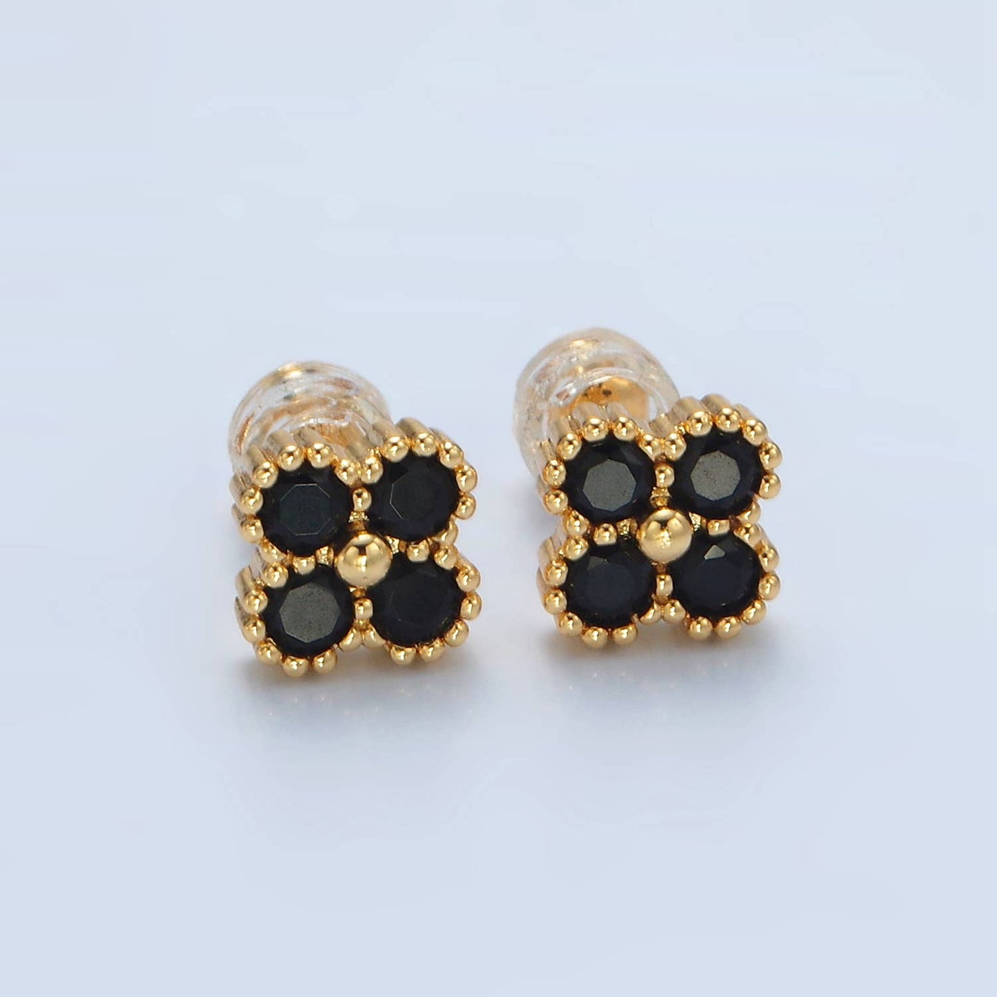 24K Gold Filled Fuchsia, Black, Clear Clover Stud Earring: Black