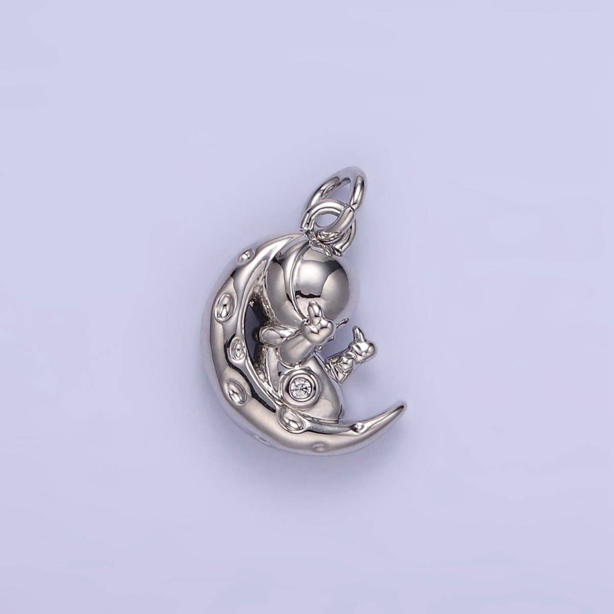 16K Gold Filled Hammered Celestial Crescent Moon Space Man Charm in Gold & Silver | E389: Silver