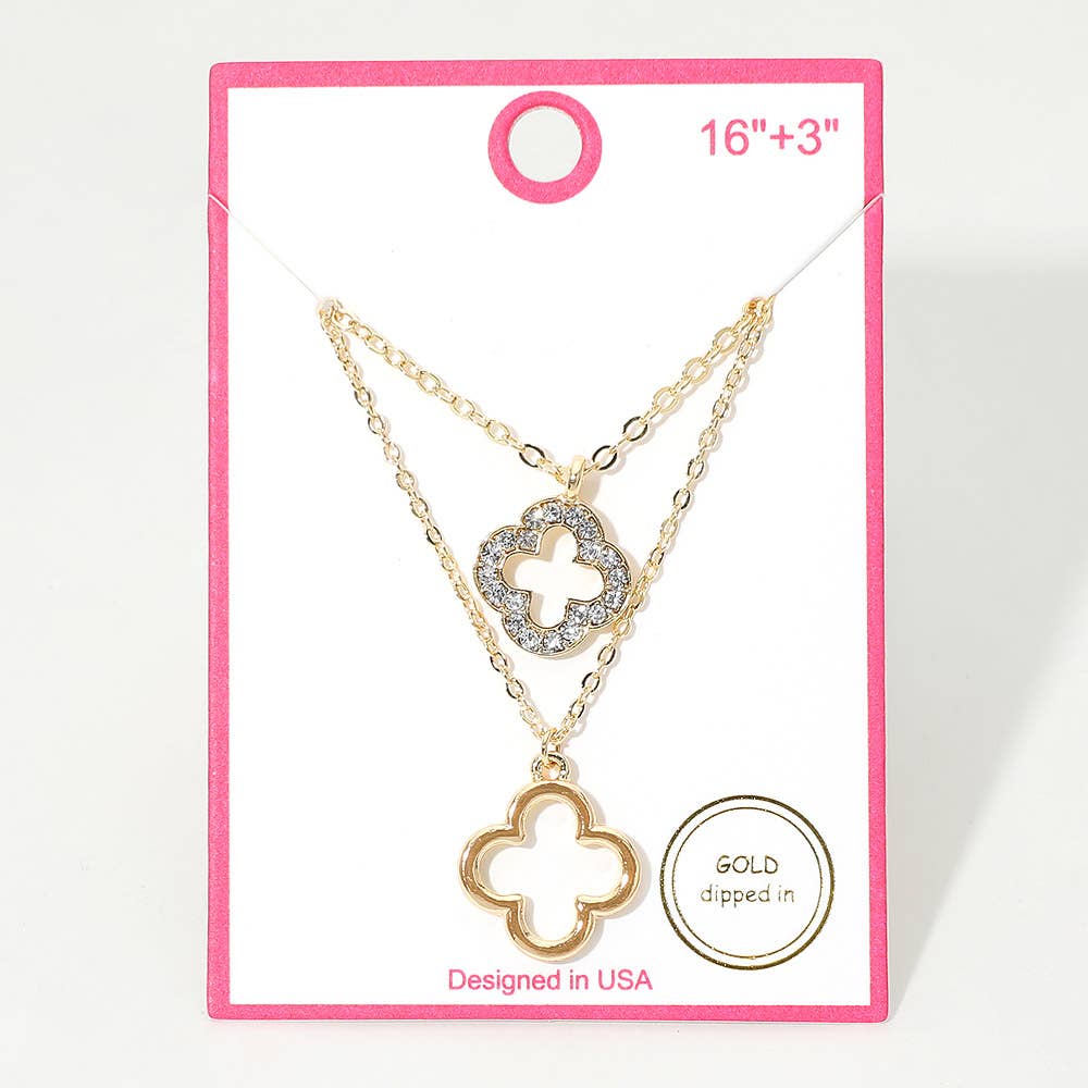 Gold Dipped Double Quatrefoil Pendant Layered Necklace: Clear,Gold