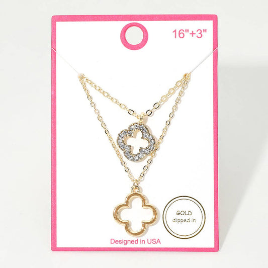 Gold Dipped Double Quatrefoil Pendant Layered Necklace: Clear,Gold