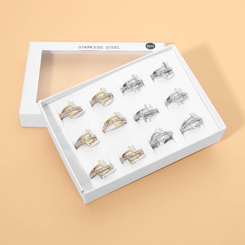 12PCS - Stainless Steel Rhinestone Pave T Tip Wrap Rings