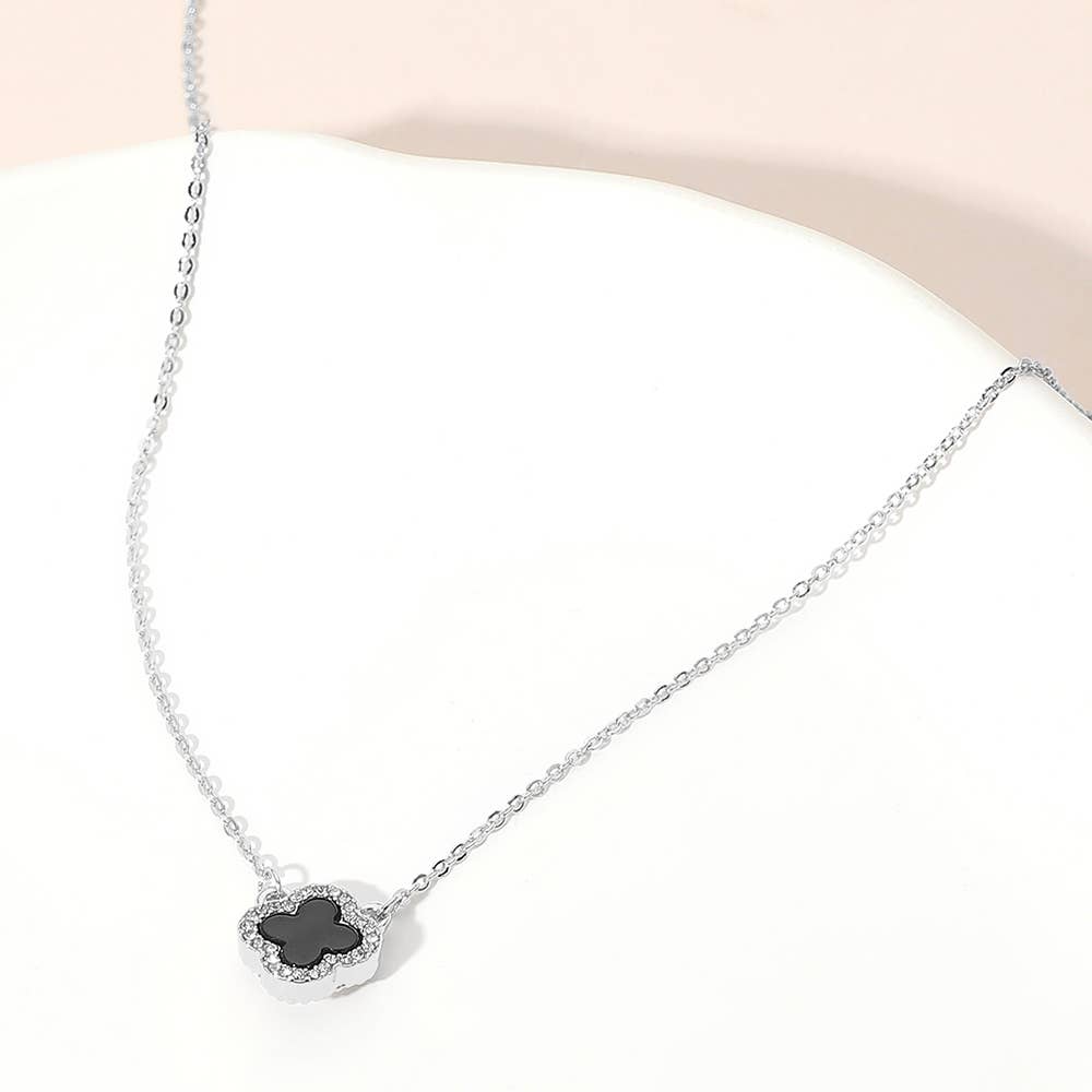 Gold Dipped Rhinestone Trim Quatrefoil Pendant Necklace: Rhodium,White
