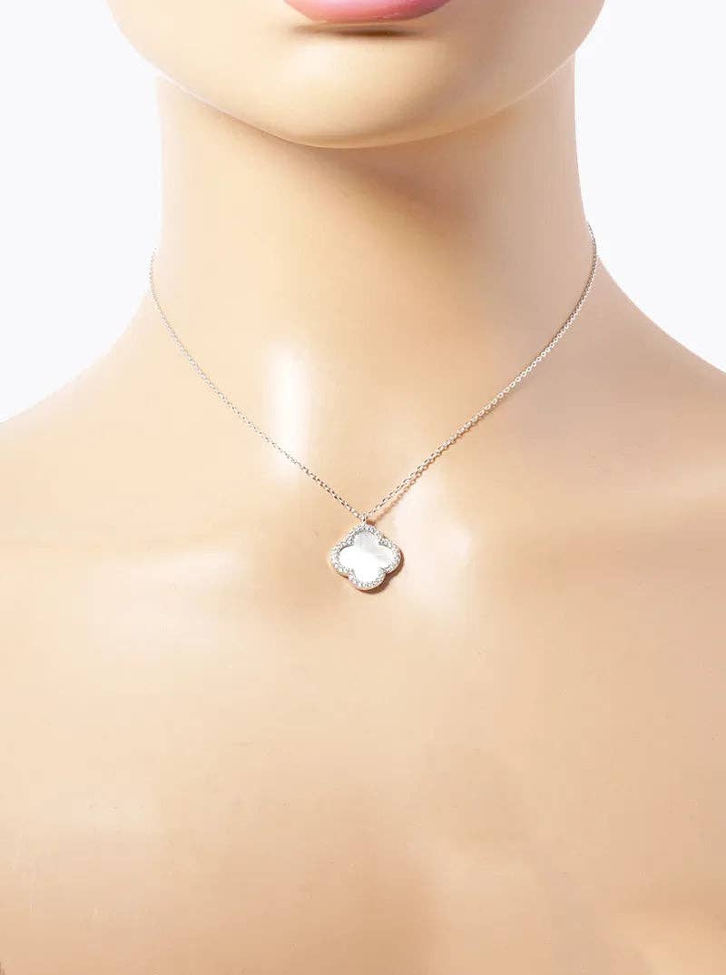 White Gold Dipped CZ Pave 15mm Quatrefoil Pendant Necklace: Gold-Red