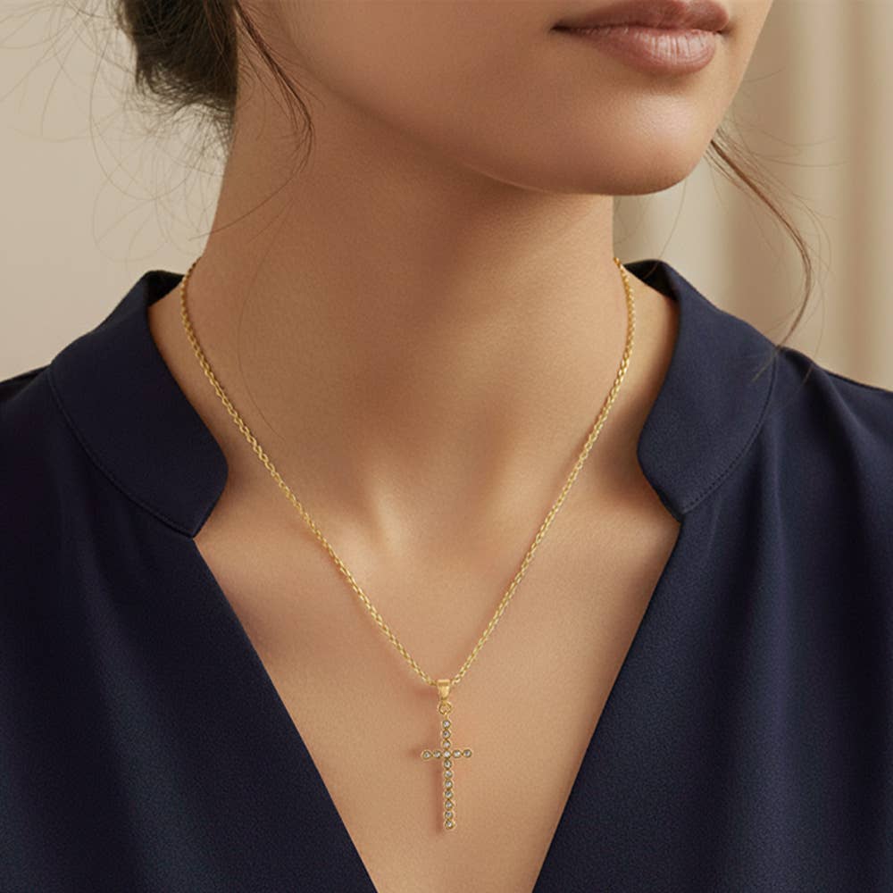 14K Gold Dipped CZ Stone Bezel Cross Pendant Necklace: Gold