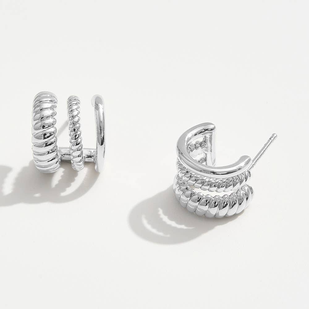 14K Gold Dipped Triple Rope Textured Hoop Earrings: Silver