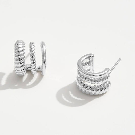 14K Gold Dipped Triple Rope Textured Hoop Earrings: Silver