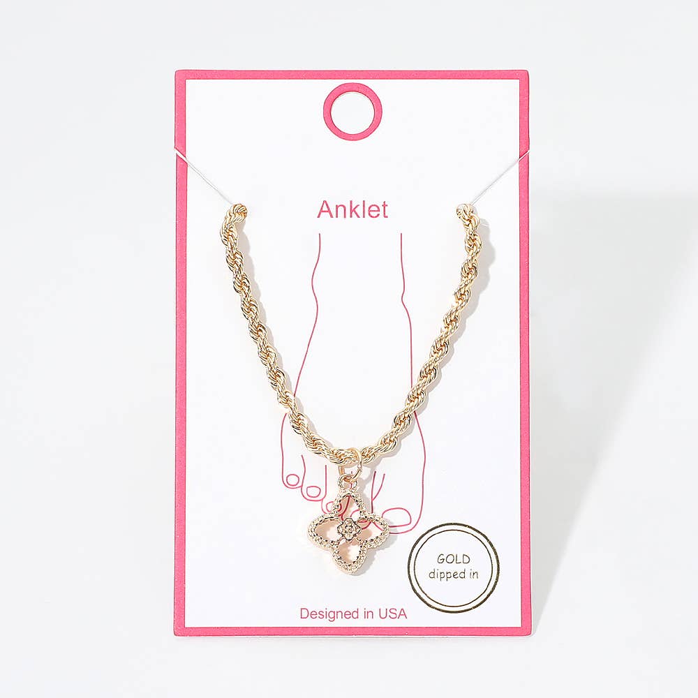 Gold Dipped Quatrefoil Charm Chain Anklet: Gold