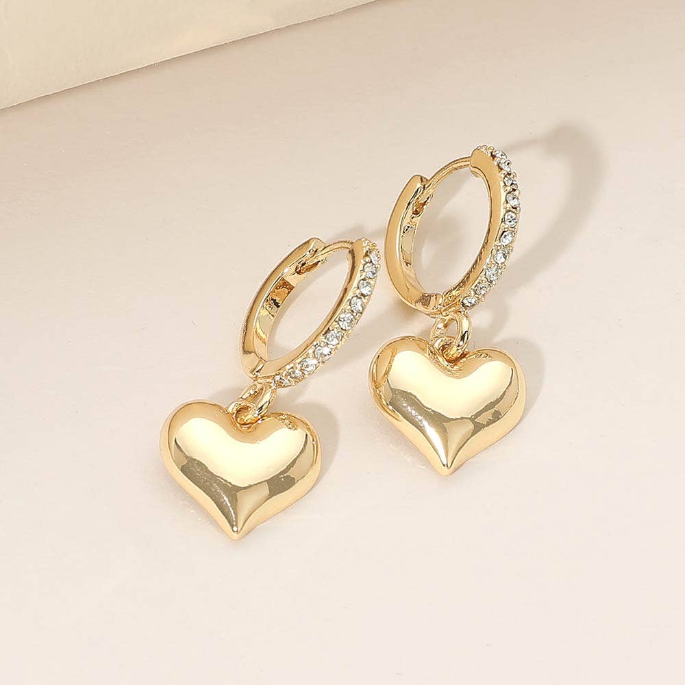 Gold Dipped Heart Charm Drop Dangle Stone Pave Huggie Hoop Earrings: Gold,Siam