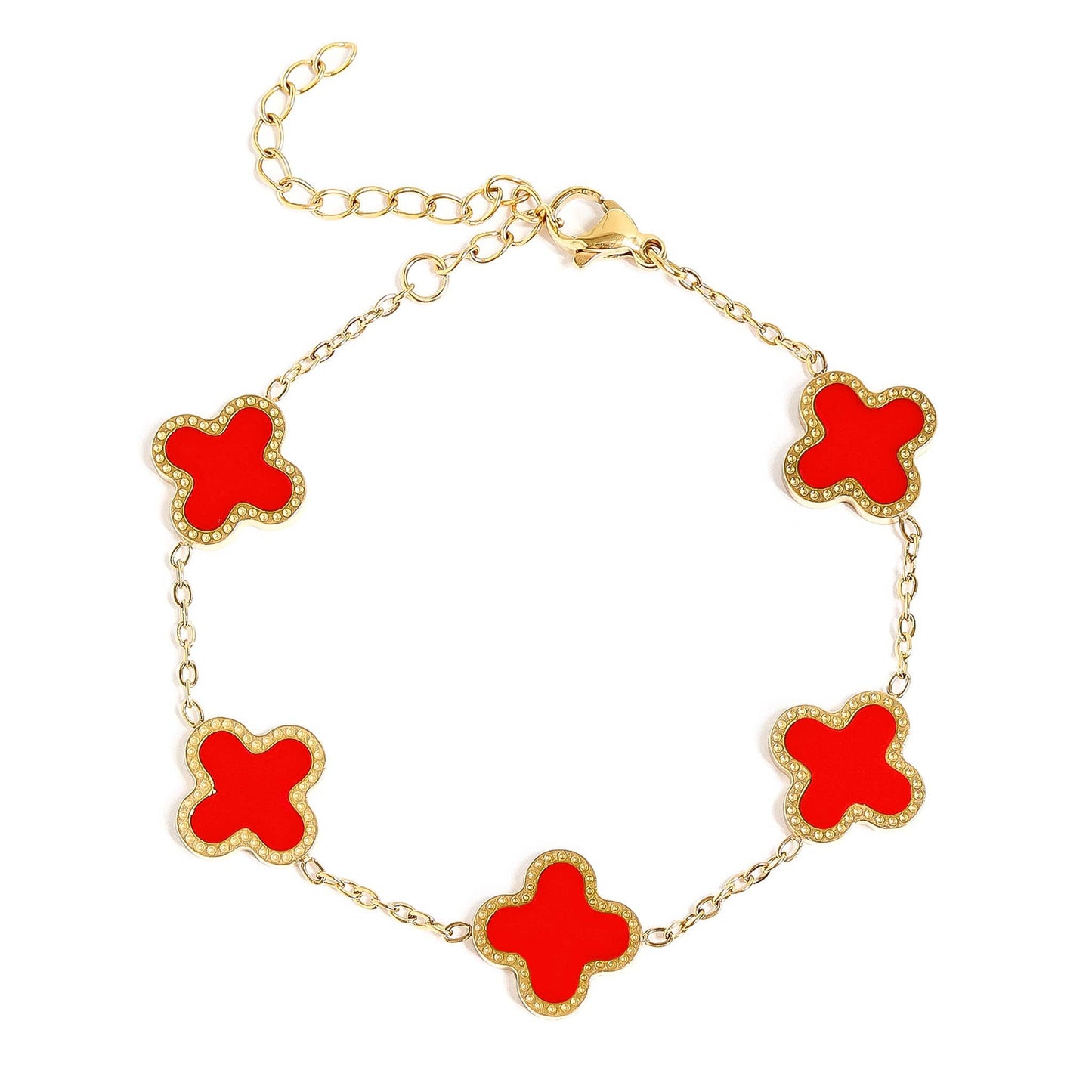 18K Gold PVD Stainless Steel Lucky Clover Charm Bracelet: Pink / Gold