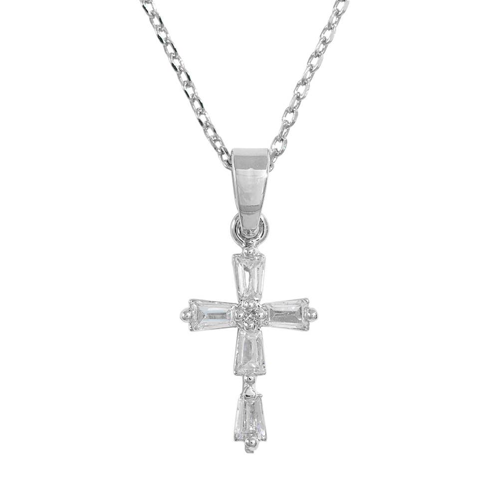 14K Gold Dipped Baguette Cut CZ Stone Cross Pendant Necklace: Silver