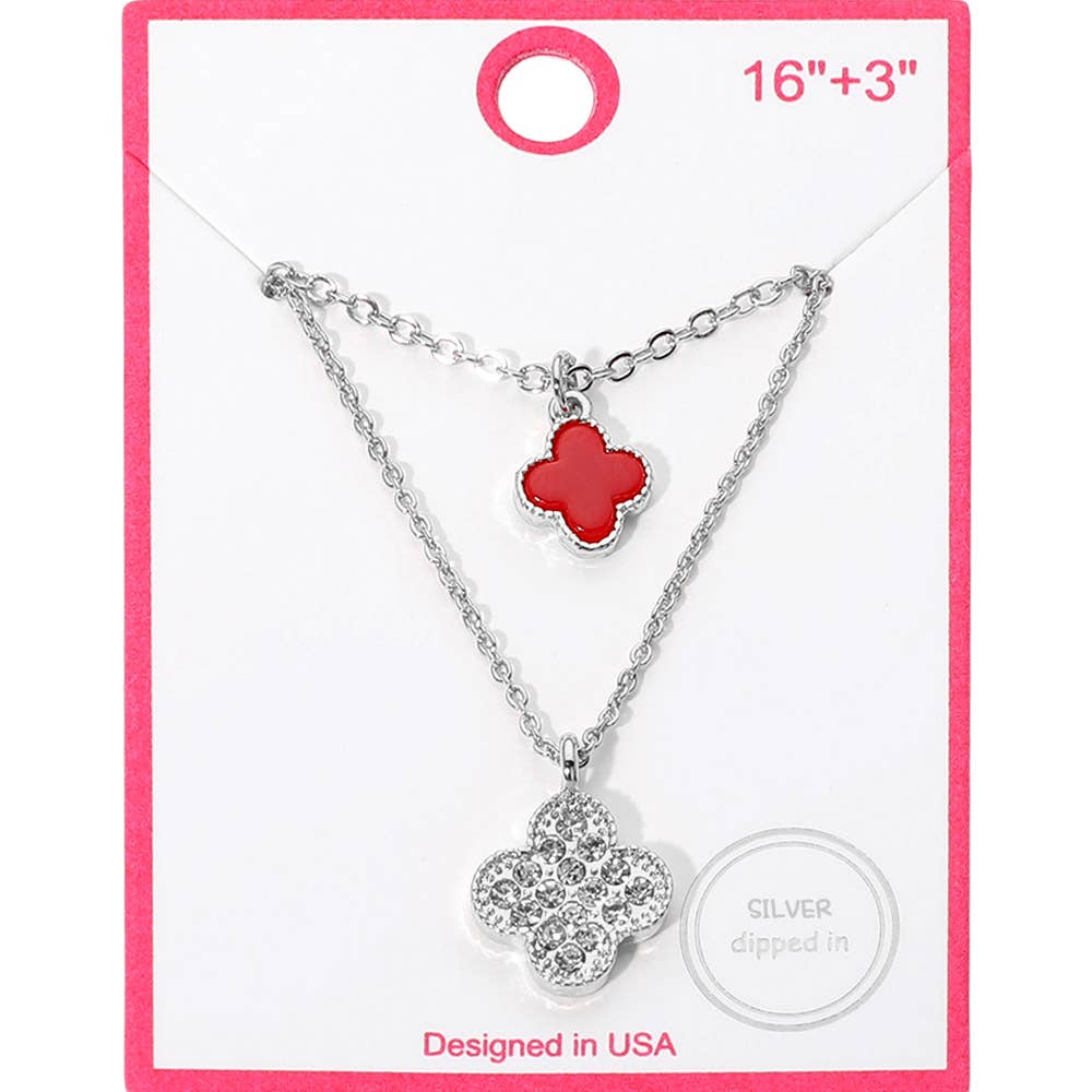 Gold Dipped Double Quatrefoil Pendant Layered Necklace: Gold,Red