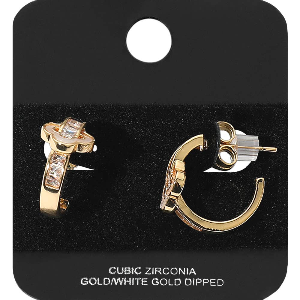 Gold Dipped Quatrefoil Accent CZ Hoop Earrings: Rhodium