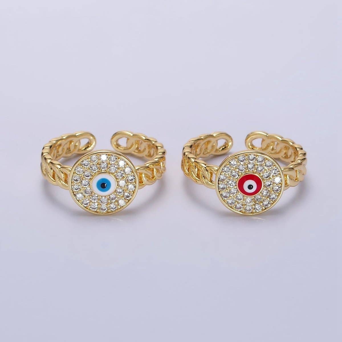 14K Gold Filled Red, White Evil Eye Enamel Round Clear Micro Paved CZ Curb Link Adjustable Ring | O-594 O-595: Red