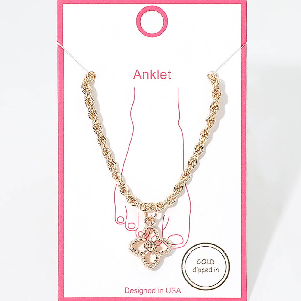 Gold Dipped Quatrefoil Charm Chain Anklet: Gold