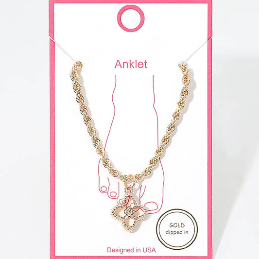 Gold Dipped Quatrefoil Charm Chain Anklet: Gold
