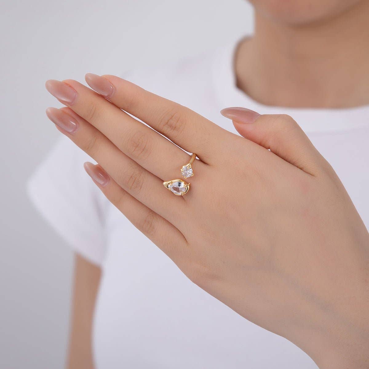 18K Gold Filled Double Clear Teardrop Round CZ Molten Claw Wrap Ring | O1754