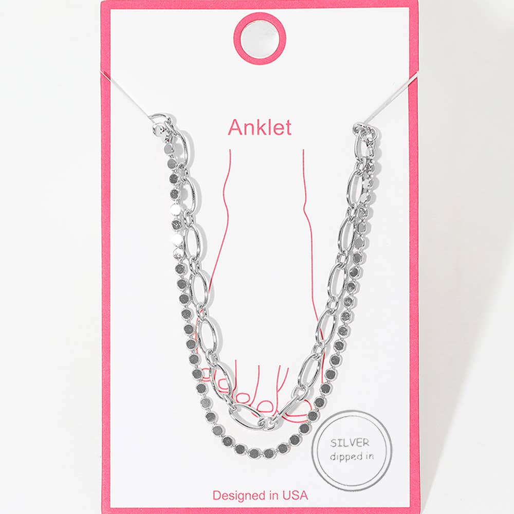 Gold Dipped Disc Paperclip Layered Chain Anklet: Gold