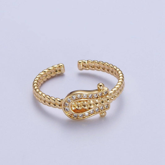 Gold Micro Paved Clear Cubic Zirconia Belt Buckle Twisted Braided Adjustable Ring | X585