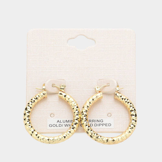 1.25" Gold Dipped Textured Aluminum Pin Catch Hoop Earrings: Gold