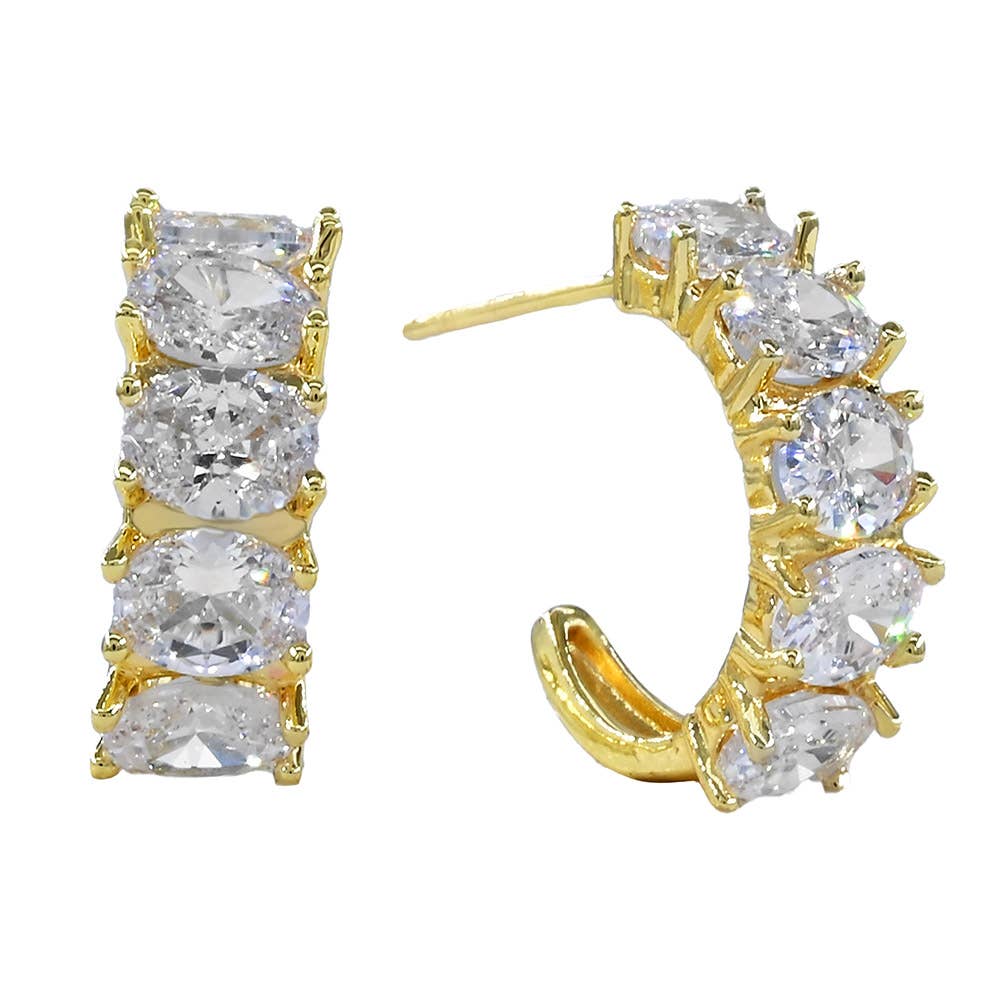 Gold Dipped Oval CZ Stone Cluster Around Mini Open Hoop Earrings: Gold