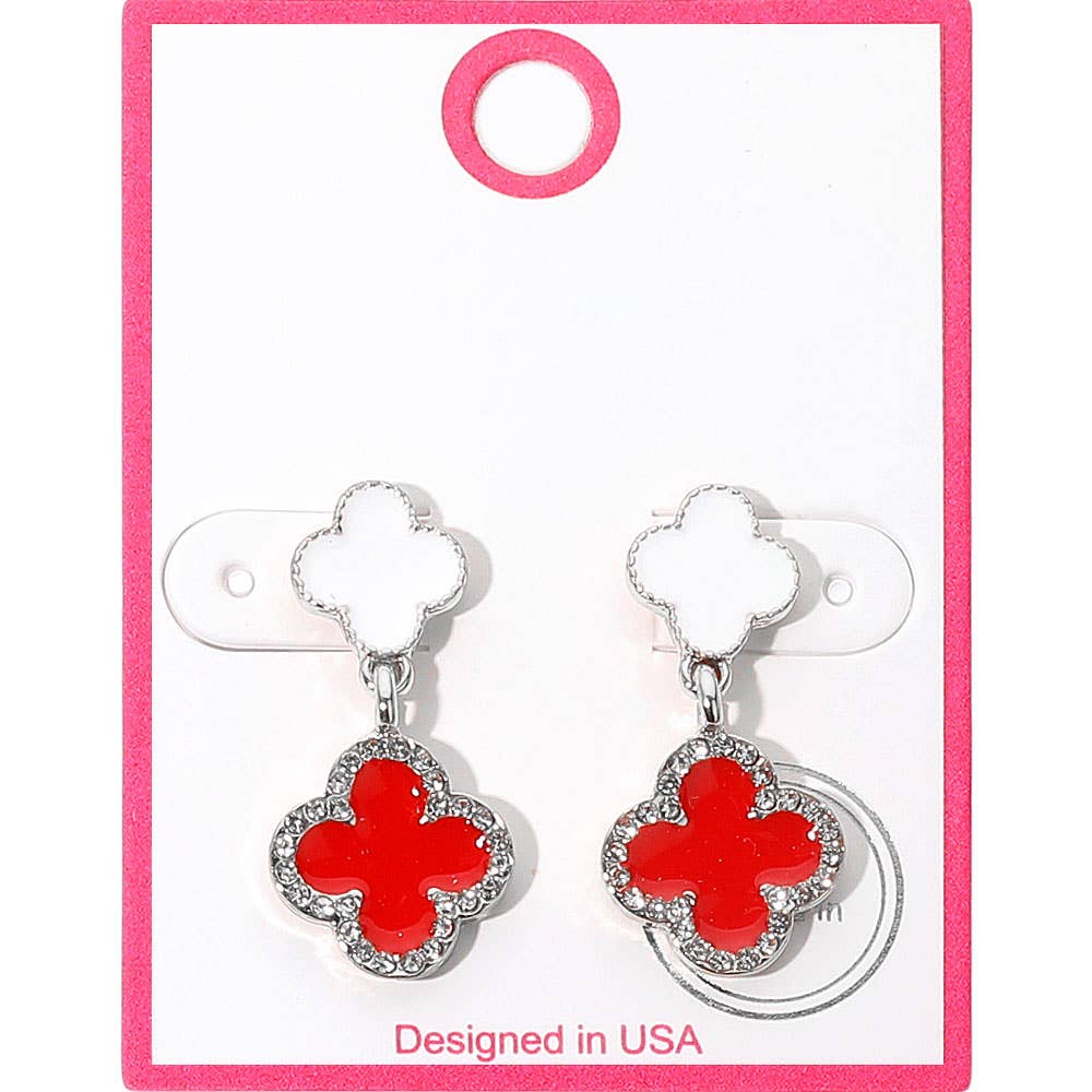 Rhinestone Accented Quatrefoil Drop Earrings: Gold Black Red