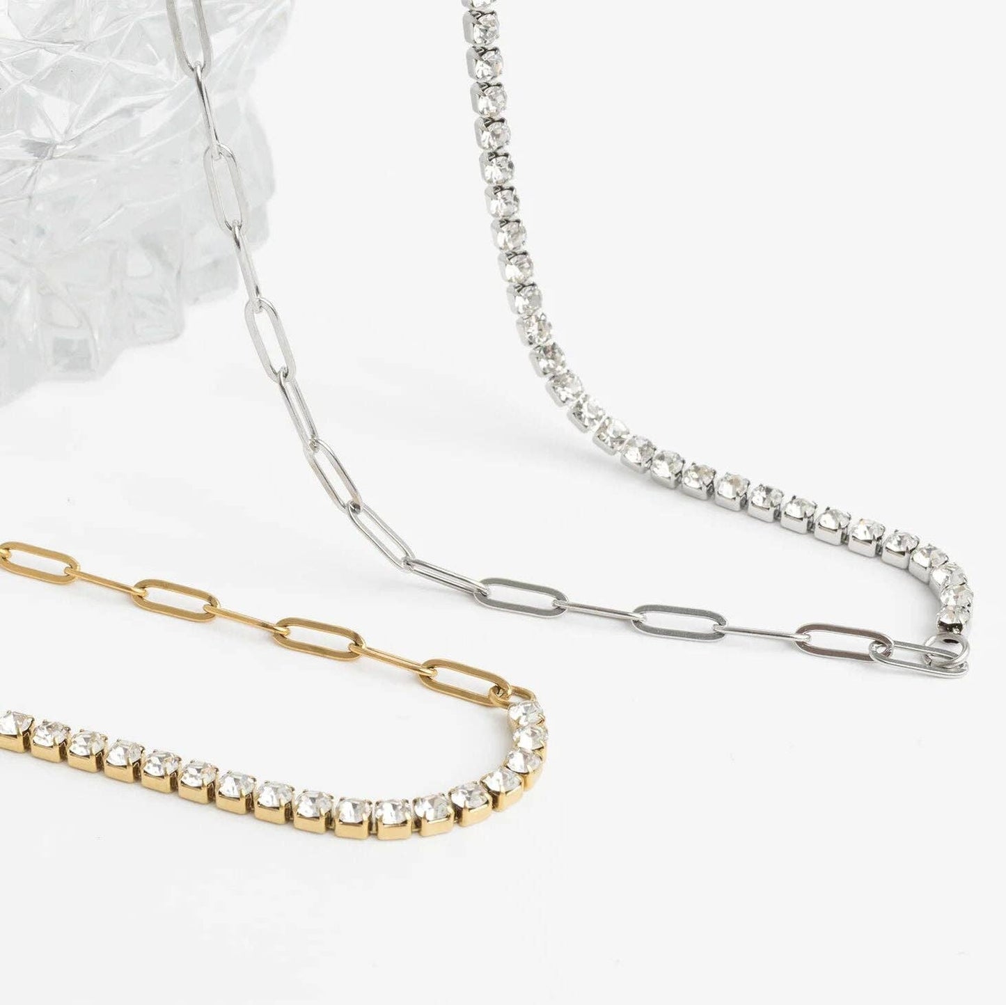 Paperclip Tennis Chain Split Necklace: Gold