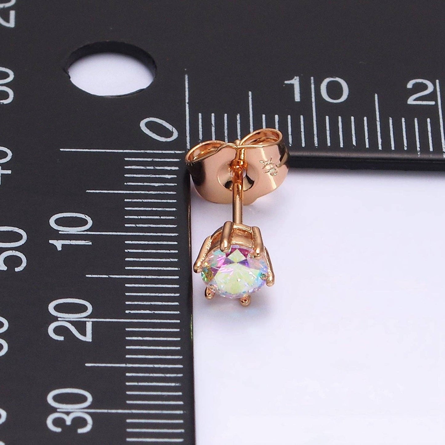 16K Gold Filled 6mm Round Iridescent AB CZ Stud Earrings