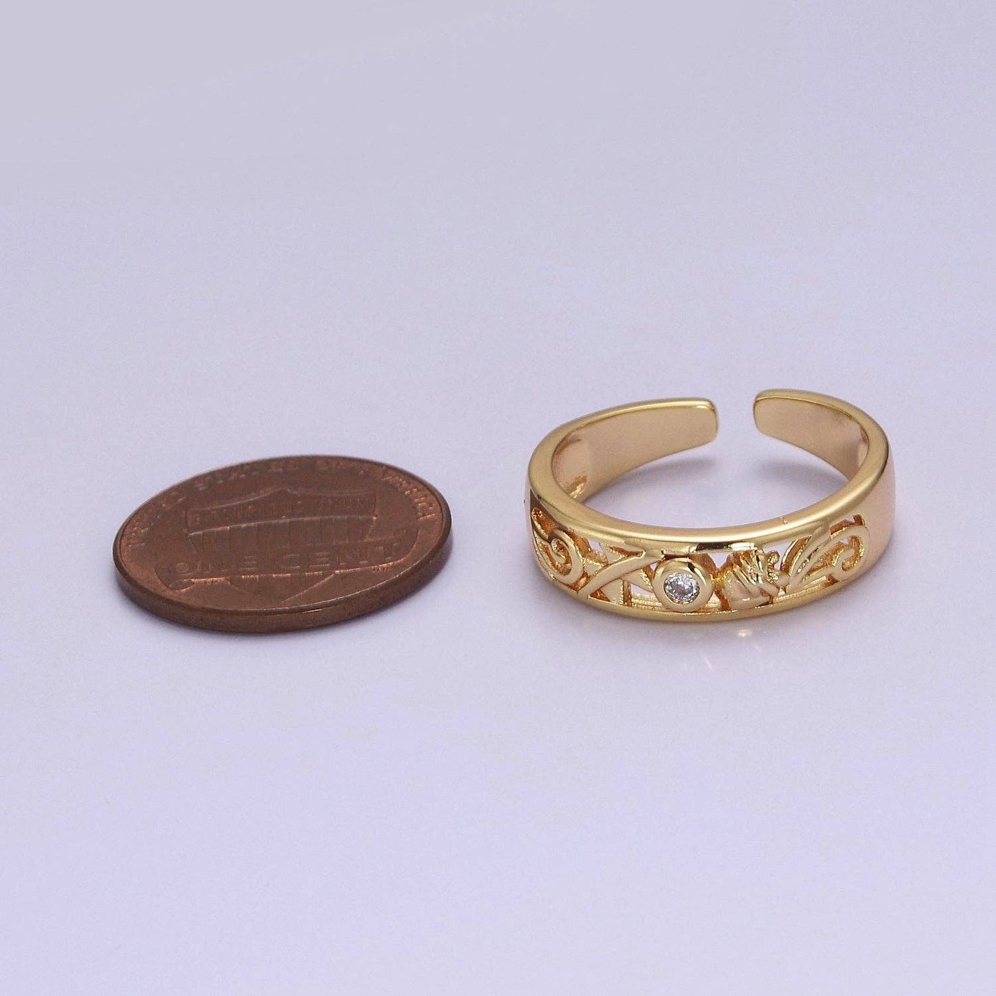 Dainty Gold Ring Carved Art with Round Bezel Cut Cz Stone O-2082