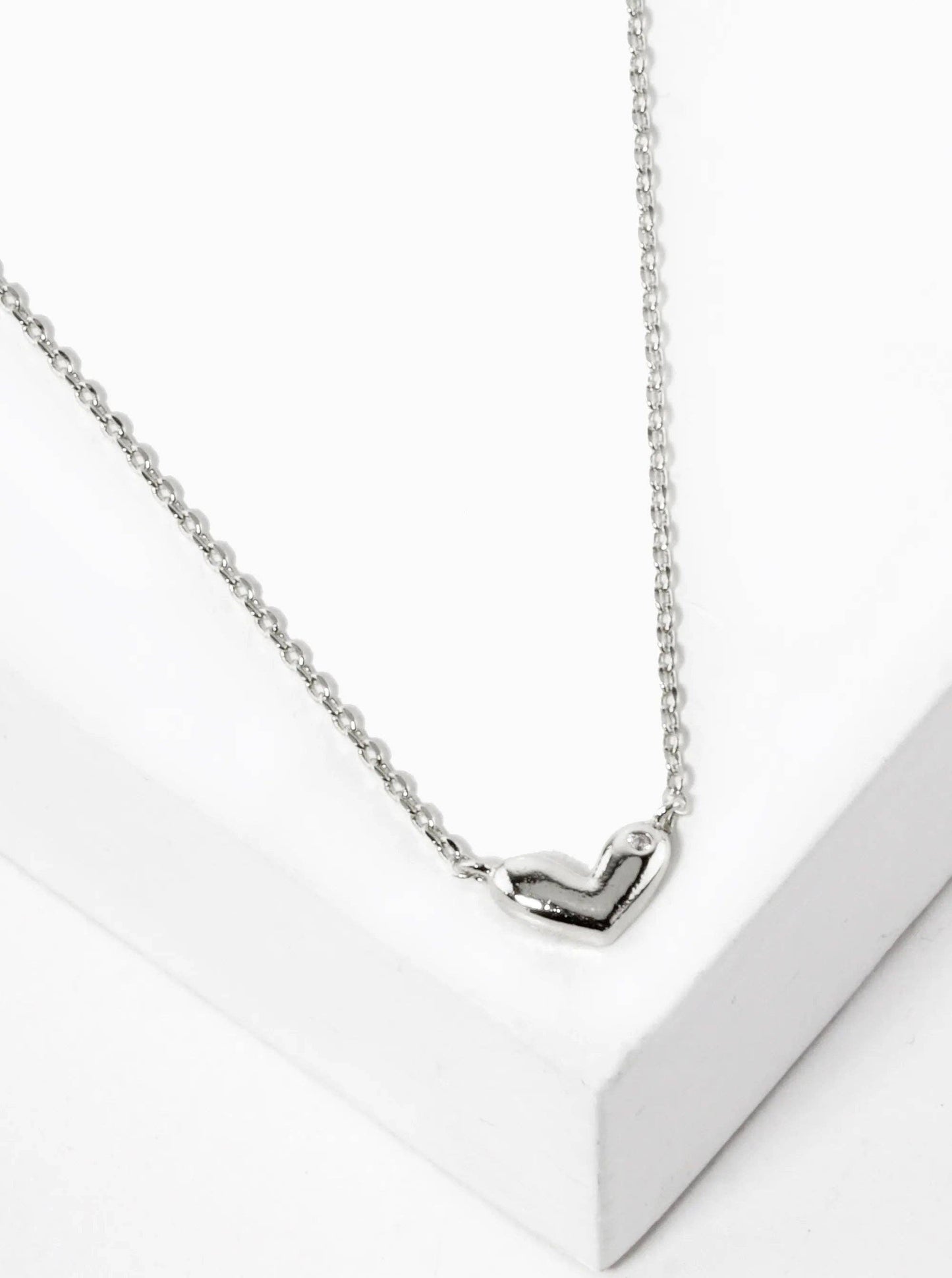 18K Gold Dipped Tiny Heart With Cz Stone Pendant Necklace: Rhodium