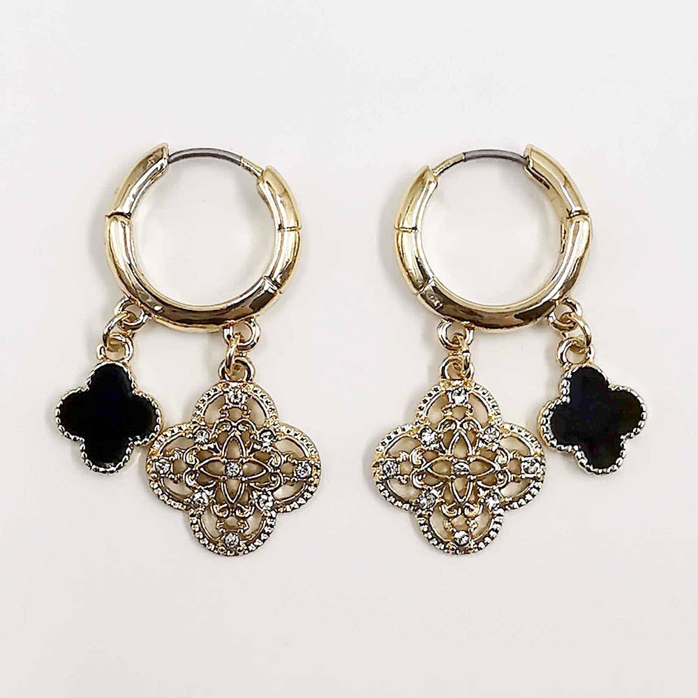 Gold Dipped Quatrefoil Huggie Hoop Earrings: Gold,Red