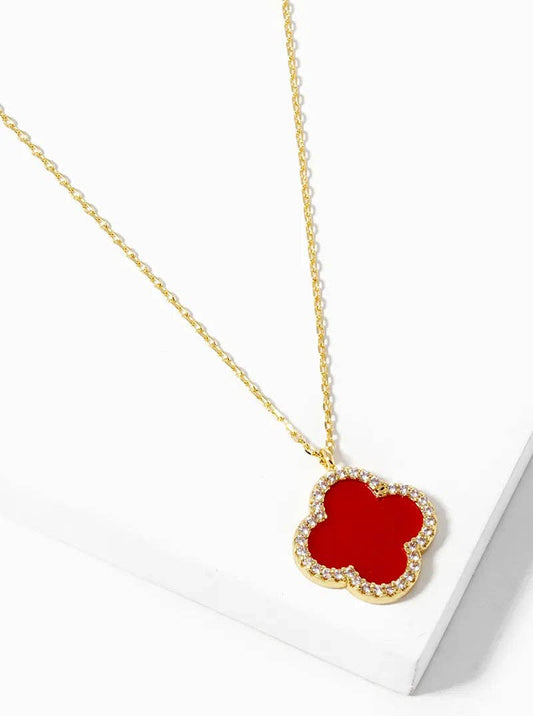White Gold Dipped CZ Pave 15mm Quatrefoil Pendant Necklace: Gold-Red