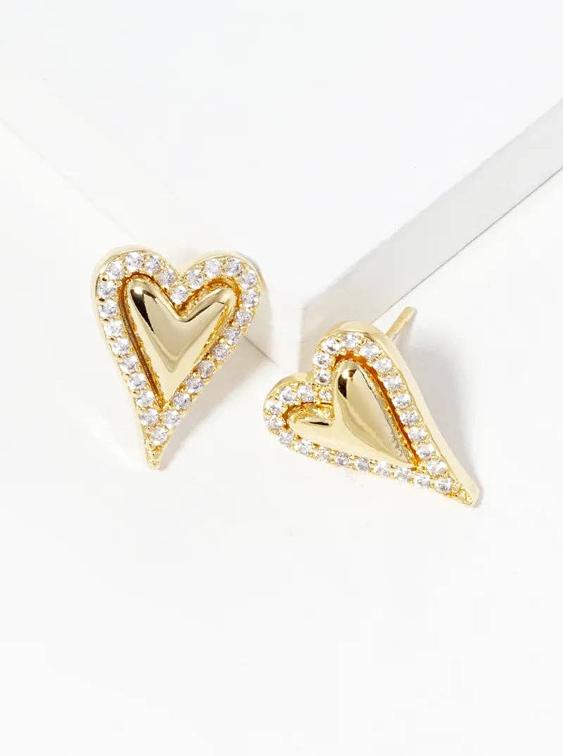 18K Gold Dipped Cz Pave Heart Post Stud Earrings: Rhodium