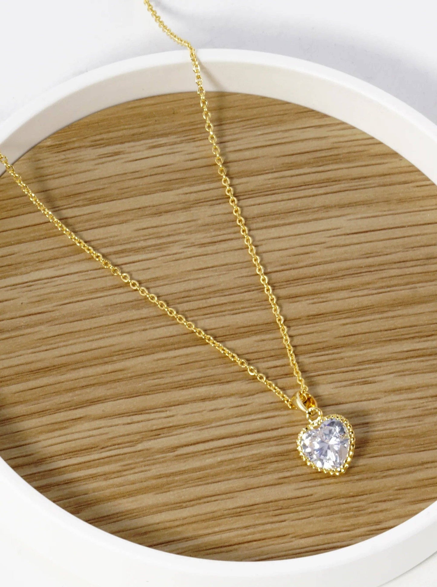 White Gold Dipped Textured 10mm CZ Stone Heart Pendant Necklace: Gold