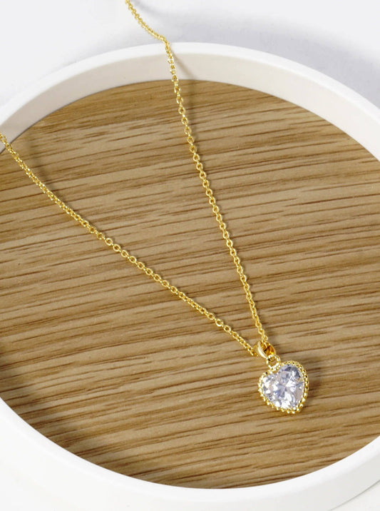 White Gold Dipped Textured 10mm CZ Stone Heart Pendant Necklace: Gold