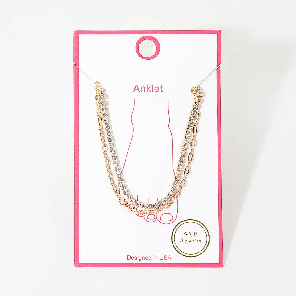 Gold Dipped Tennis Link Layered Chain Anklet: Rhodium