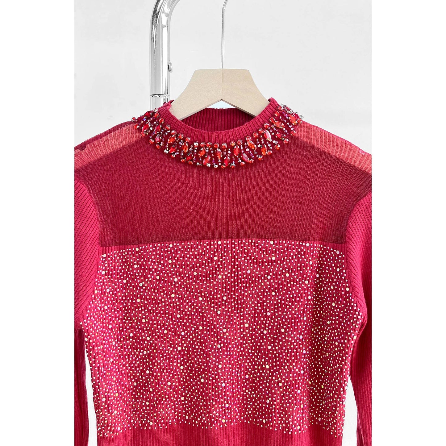 Contrast Fabric Jeweled Blouse: WHITE / ONE SIZE