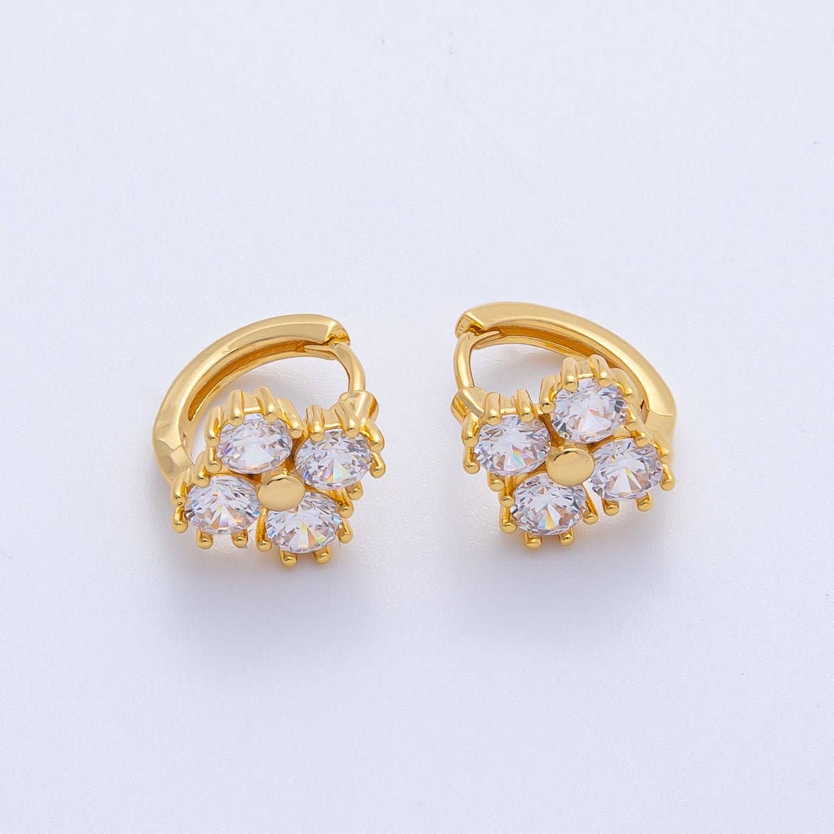 18K Gold Filled 12mm Clear CZ Clover Huggie Earrings | Earrings-00053