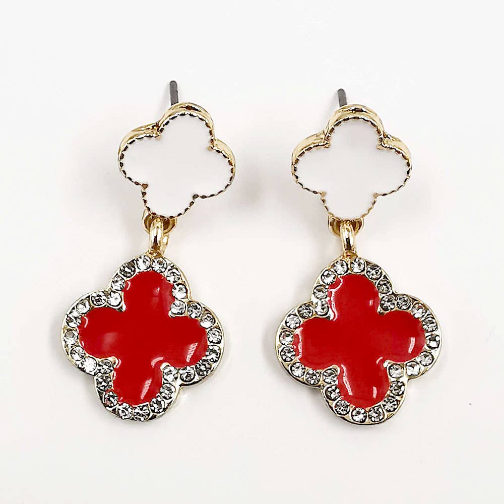 Rhinestone Accented Quatrefoil Drop Earrings: Gold Black Red