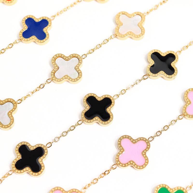 18K Gold PVD Stainless Steel Lucky Clover Charm Bracelet: Blue / Gold