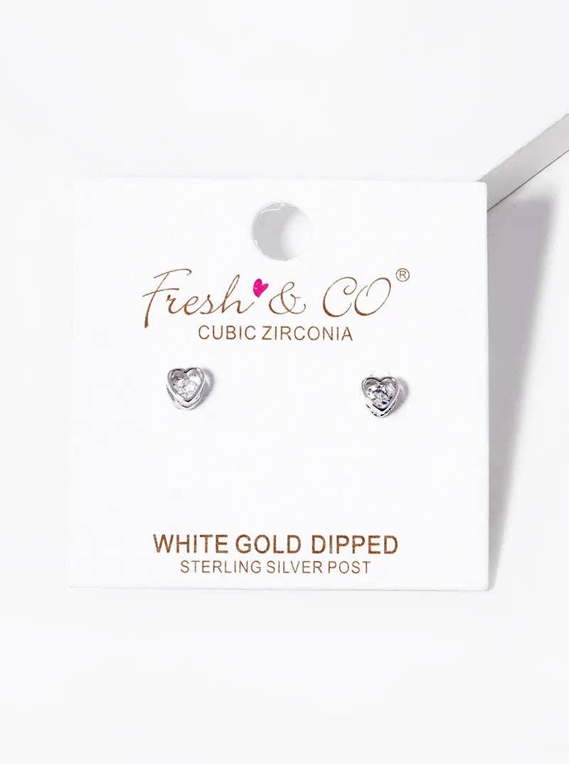 White Gold Dipped CZ Heart Stud Earrings: Gold