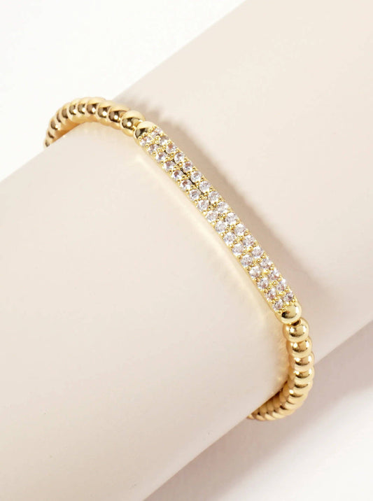 18K-Gold-Dipped Polished Brass 4mm Beaded Stretch Bracelet With CZ Pave-Set Curved Bar Accent: Gold