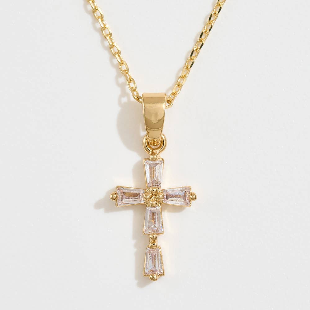 14K Gold Dipped Baguette Cut CZ Stone Cross Pendant Necklace: Silver