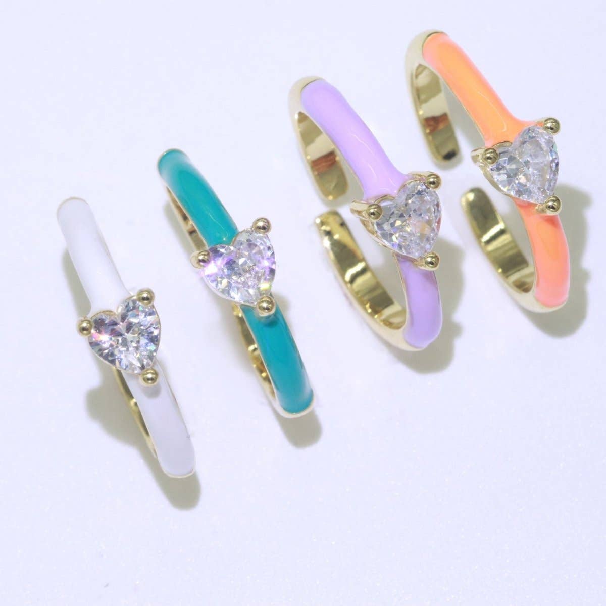 Heart Cz Ring Adjustable Gold Ring, Colorful Pastel Enamel Ring, Stackable Ring Black White Pink blue Green Ring for Women O-910~O-919: Blue