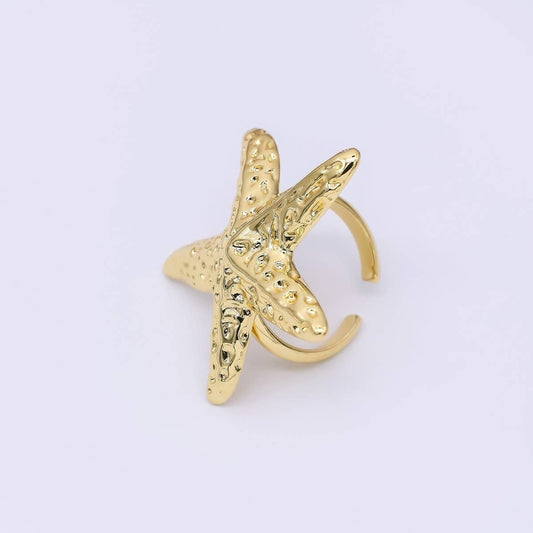 24K Gold Filled Realistic Dotted Sea Starfish Adjustable Open Ring | O1465