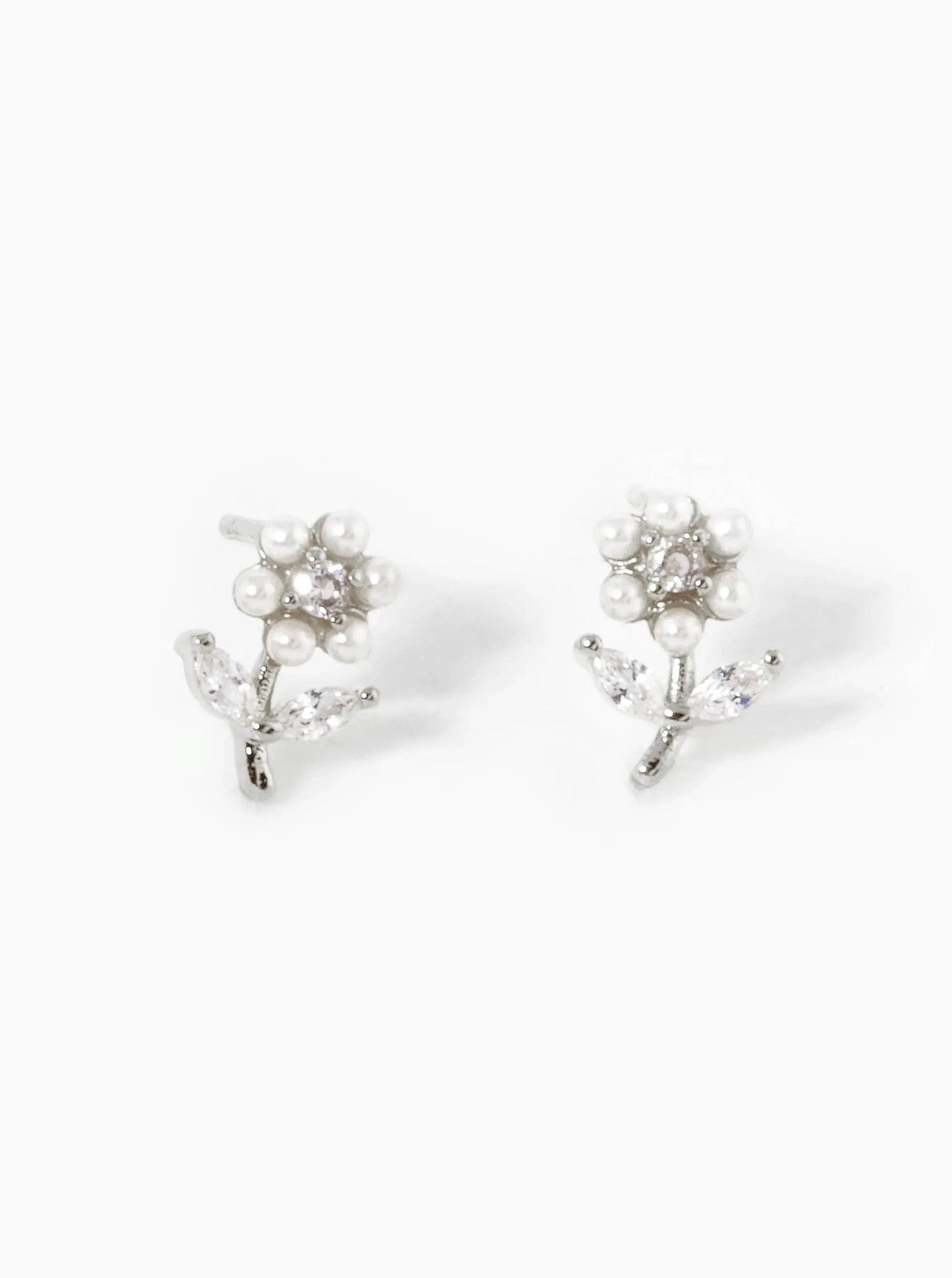 White Gold Dipped Pearl And CZ Flower Stud Earrings: Gold