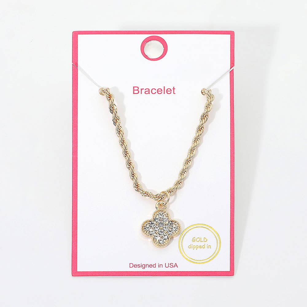 Gold Dipped Rhinestone Pave Quatrefoil Charm Twisted Chain Bracelet: Clear,Gold