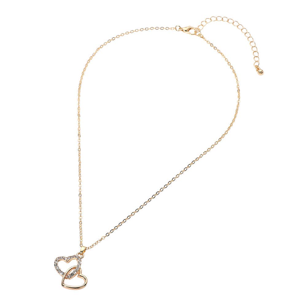 Gold Dipped Rhinestone Paved Layered Double Heart Pendant Necklace: Clear,Gold